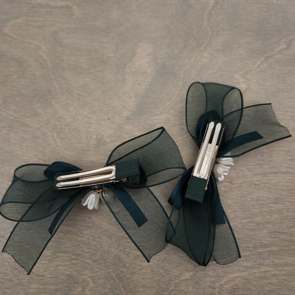 Bow Hair Clips Set‎ Teal Green Organza Lily of Valley Flower Alligator Clips - Picture 4 of 4